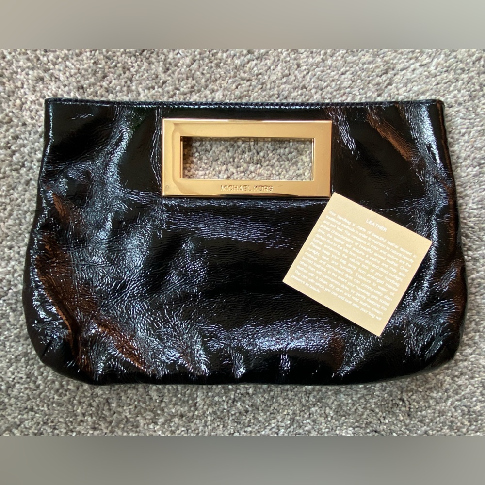 Michael Kors Patent Leather Clutch - Black with Gold Accents